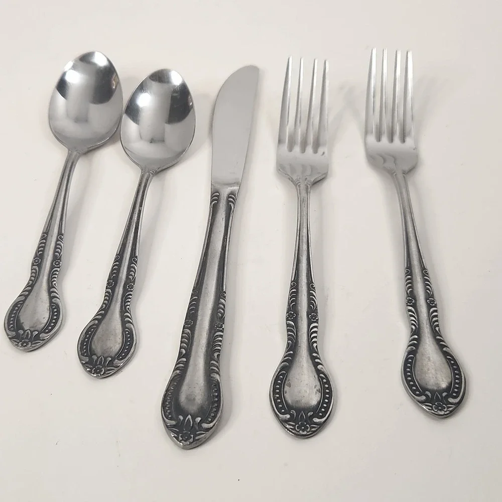 Vintage Columbia Stainless Steel Flatware Japan Beaded Floral Scroll Mixed Lot